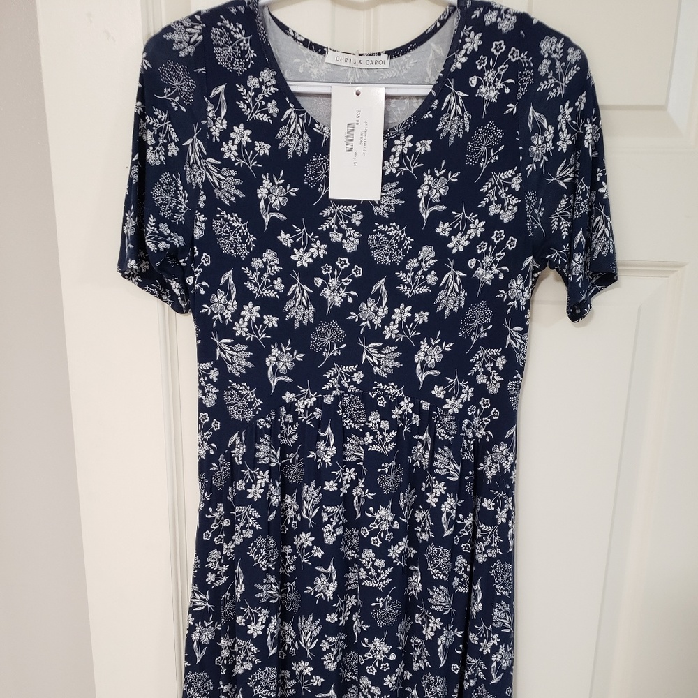 NWT Navy Floral Midi Dress w/ Pockets